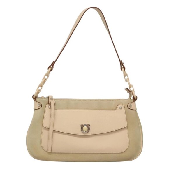 Salvatore Ferragamo Gancini Shoulder Bag Suede Beige Silver Auth 125811 - Picture 1 of 15